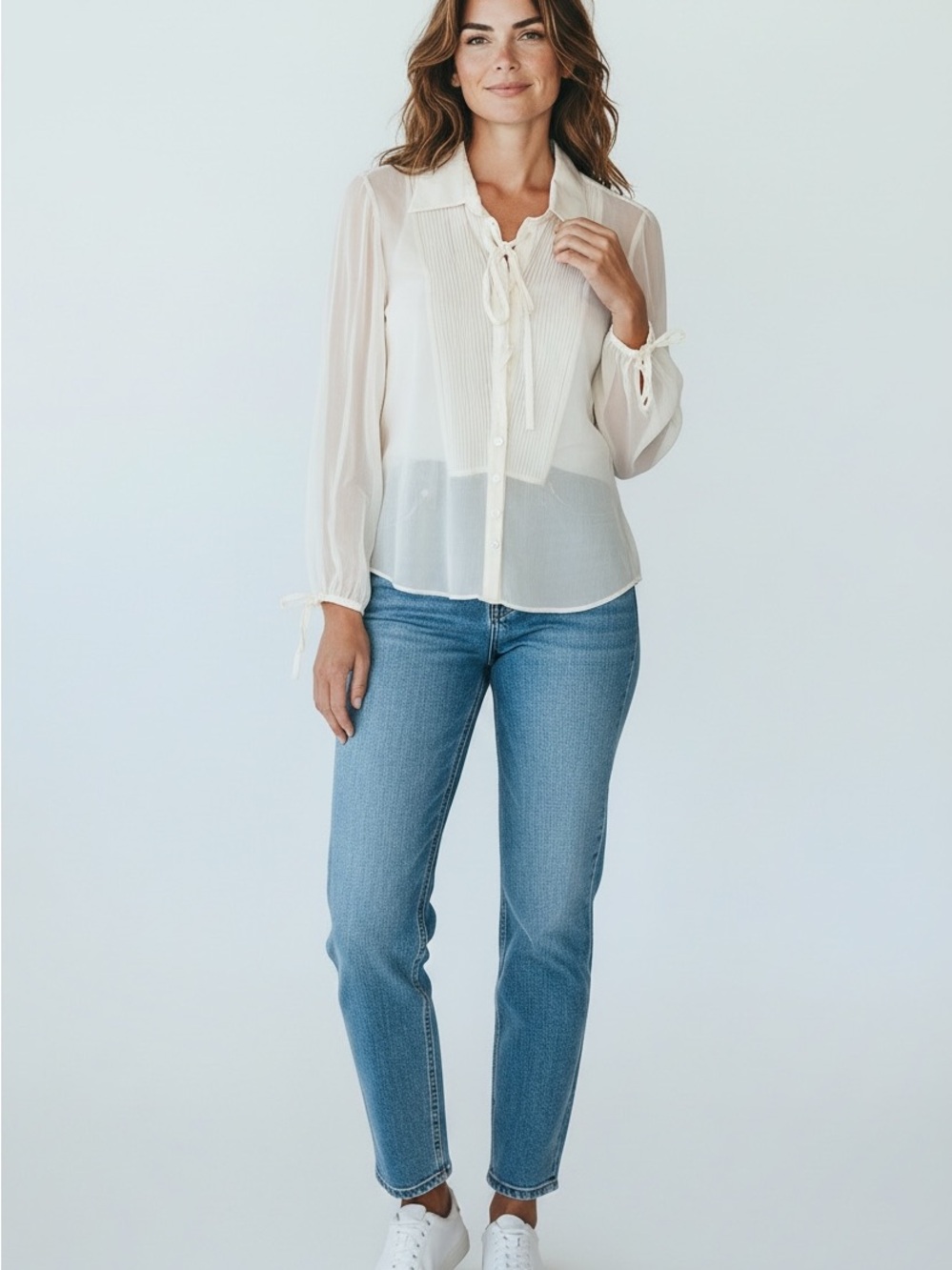 56 Cream Sheer Tie-Neck Button-Down Blouse